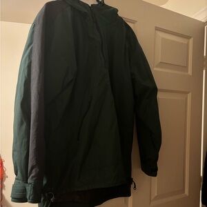 Green warm fleece lined, windbreaker outer, pullover coat with hood